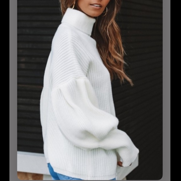 White Turtleneck Lantern Sleeve pullover Sweater - Picture 2 of 7